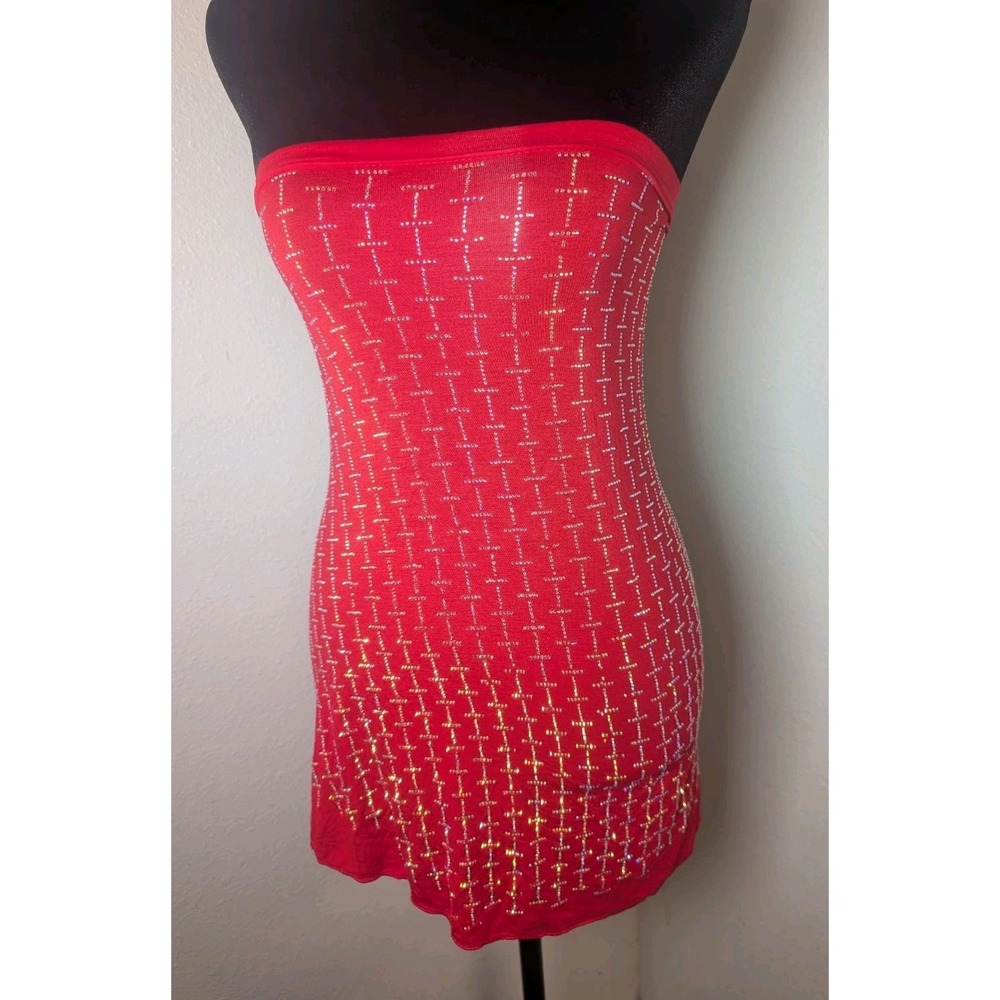 Y2K Red Rhinestone Strapless Tube Top Longline Bodycon McBling Clubwear